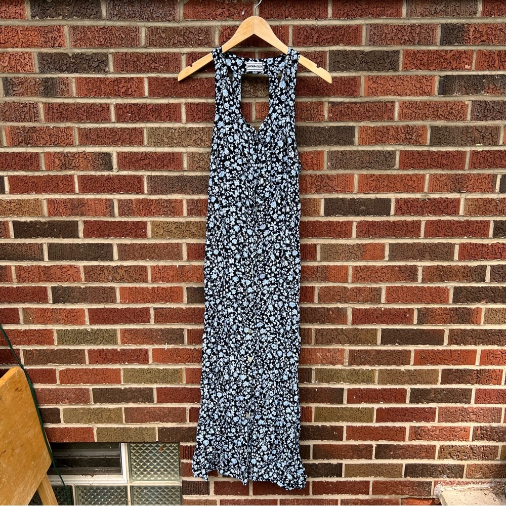 California Krush Black and Blue Floral Open Back Sleeveless Button Maxi Dress